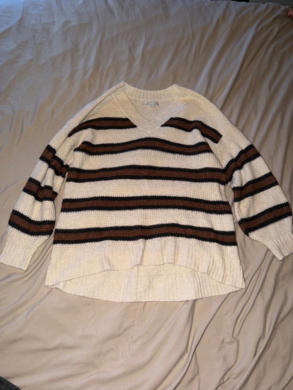 American Eagle Cream & Brown Striped V-Neck Women's Sweater